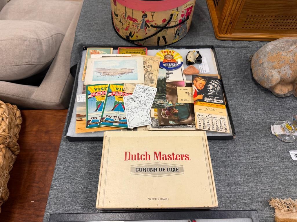 COLLECTIBLES INCLUDING DUTCH MASTERS CIGAR BOX, EPHEMERA, TRIXY MOLSSES PIN, AND MORE - 2
