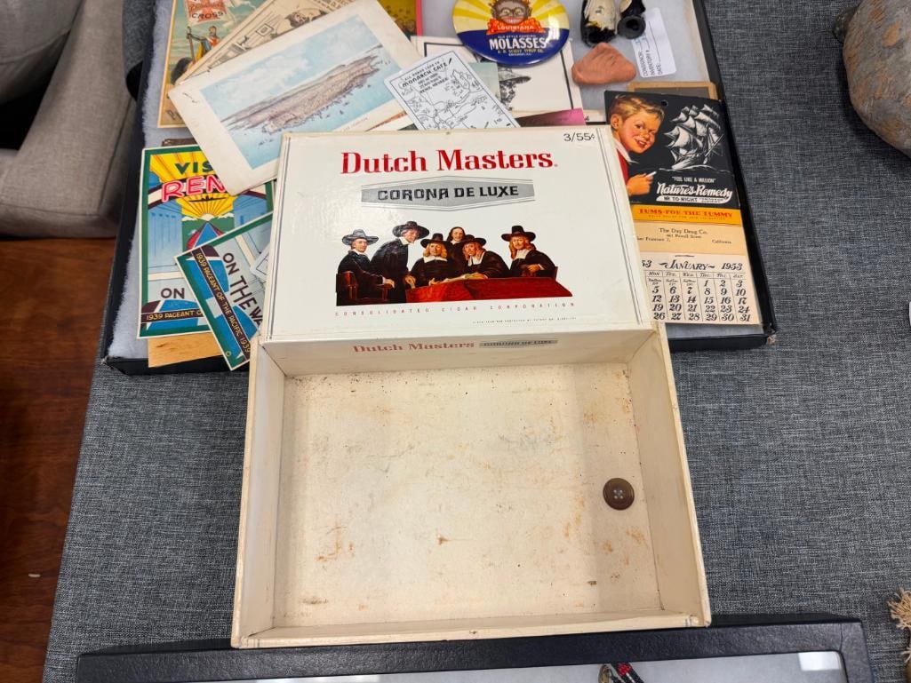 COLLECTIBLES INCLUDING DUTCH MASTERS CIGAR BOX, EPHEMERA, TRIXY MOLSSES PIN, AND MORE - 8