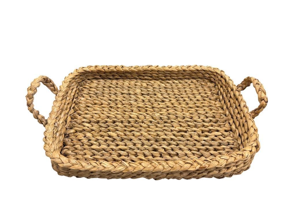 HAND WOVEN WATER HYACINTH DUAL HANDLED FLAT BASKET: GOOD CONDITION 28" X 21"