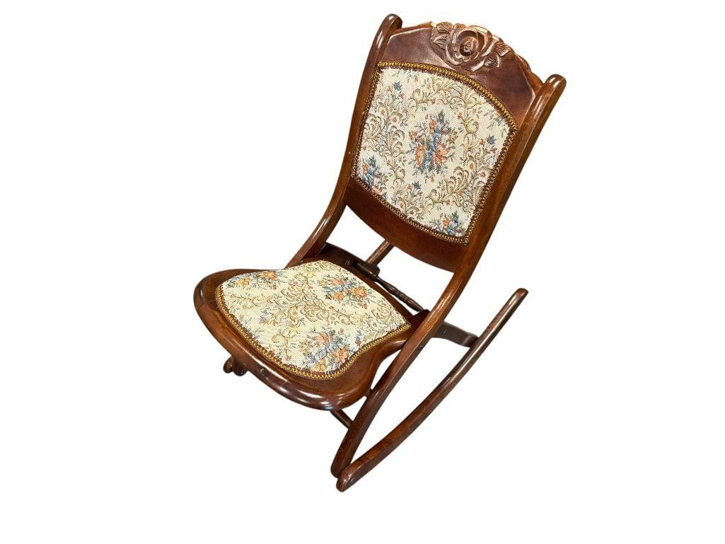 VINTAG ECARVED WOOD AND FLORAL UPHOLSTERED FOLDING ROCKING CHAIR (1 of 10)