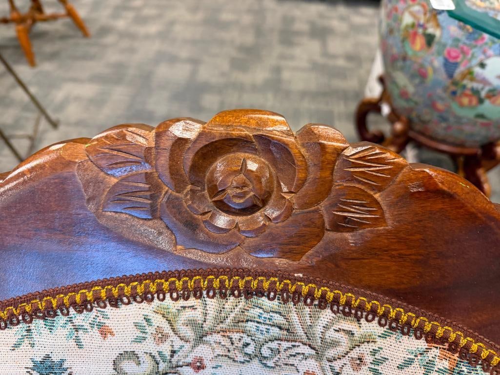 VINTAGE CARVED WOOD AND FLORAL UPHOLSTERED FOLDING ROCKING CHAIR - 6