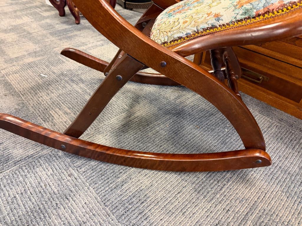 VINTAGE CARVED WOOD AND FLORAL UPHOLSTERED FOLDING ROCKING CHAIR - 9