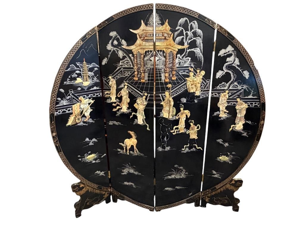 MID-CENTURY CHINESE ROUND FOUR PANEL ROOM SCREEN FEATURING BLACK LACQUER AND CARVED MOTHER OF PEARL: DEPICTS IMAGE OF CHINESE DAILY LIFE IN FRONT OF TEMPLE, HAS DAMAGE AND IS MISSING SOME PIECES OF MOTHER OF PEARL 72" X 72"