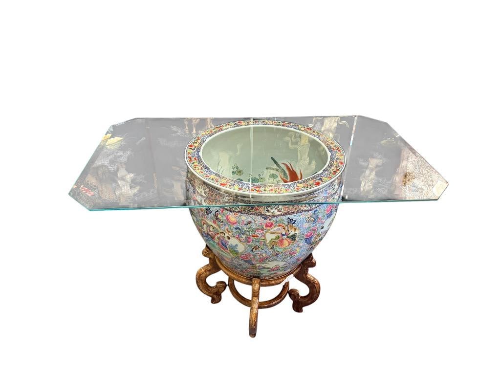 VINTAGE CHINESE PORCELAIN FISHBOWL PLANTER GLASS TOP TABLE: FEATURING BEVELED EDGE GLASS RECTANGULAR TOP, KOI FISH THEME PLANTER BOWL VASE, ON WOODEN STAND, GOOD CONDITION 42" X 24" X 30"