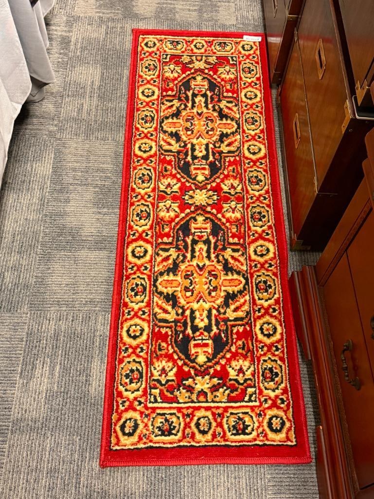 SURYA 100% OLEFIN FACE EGYPTIAN APEX COLLECTION RUNNER / RUG: FEATURING DEEP RED AND GOLD TONE, GOOD CONDITION 60" X 20"