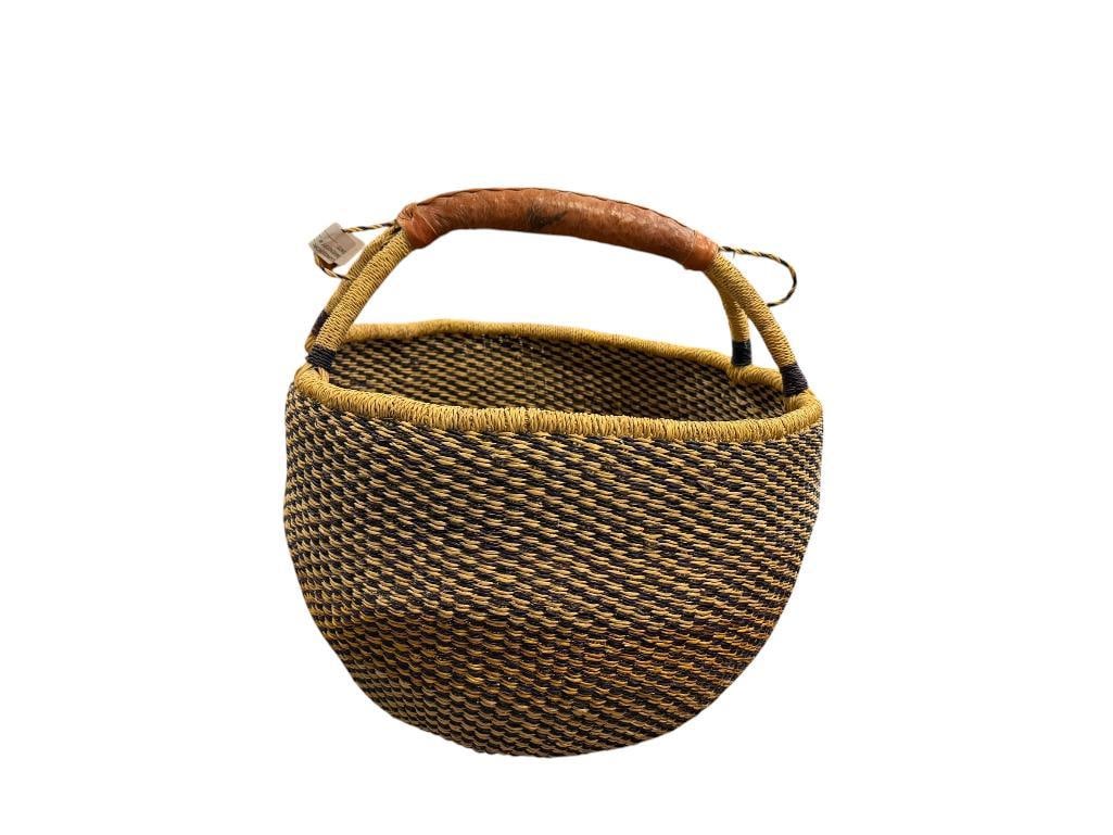 NAVY AND NATURAL COLORED WOVEN AFRICAN BOLGA BASKET WITH LEATHER WRAPPED HANDLE (1 of 7)