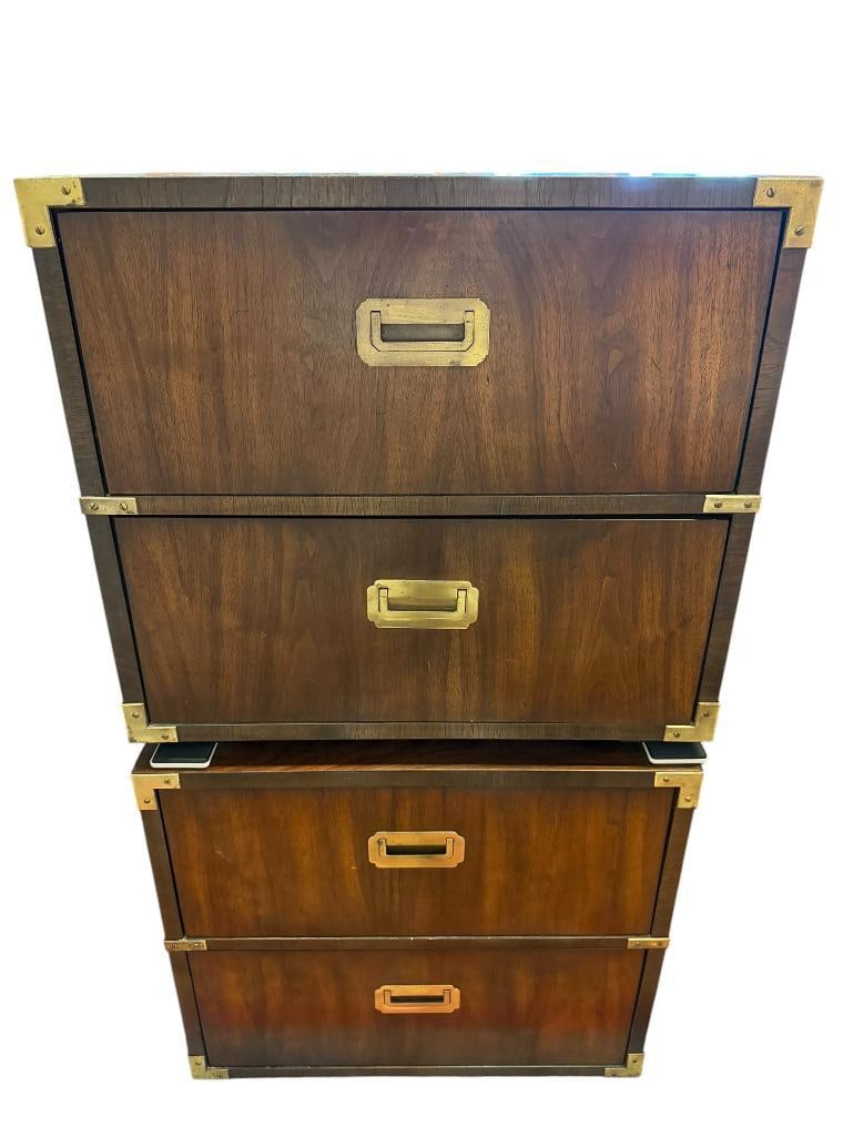 PAIR OF LANE FURNITURE VINTAGE CAMPAIGN STYLE CHEST NIGHTSTANDS / END TABLES: DARK STAINED WOOD WITH BRASS HARDWARE, GOOD CONDITION, SMELLS LIKE SMOKE FROM WOOD BURNING STOVE 24" X 17" X 22"