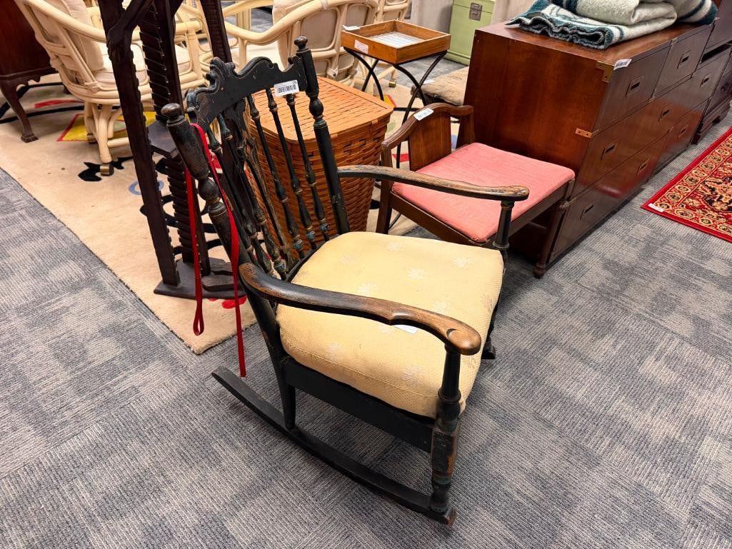ANTIQUE WOOD ROCKING CHAIR WITH PAINTED BLACK FINISH AND BEIGE SHELL PATTERN UPHOLSTERED SEAT - 2