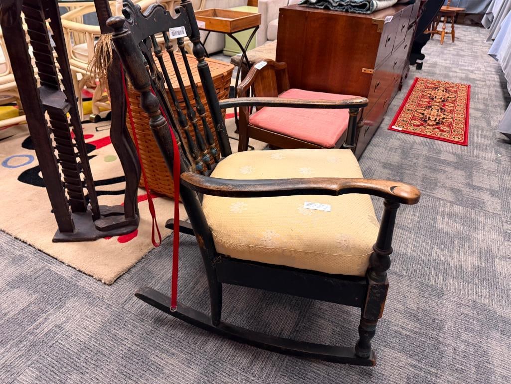 ANTIQUE WOOD ROCKING CHAIR WITH PAINTED BLACK FINISH AND BEIGE SHELL PATTERN UPHOLSTERED SEAT - 3