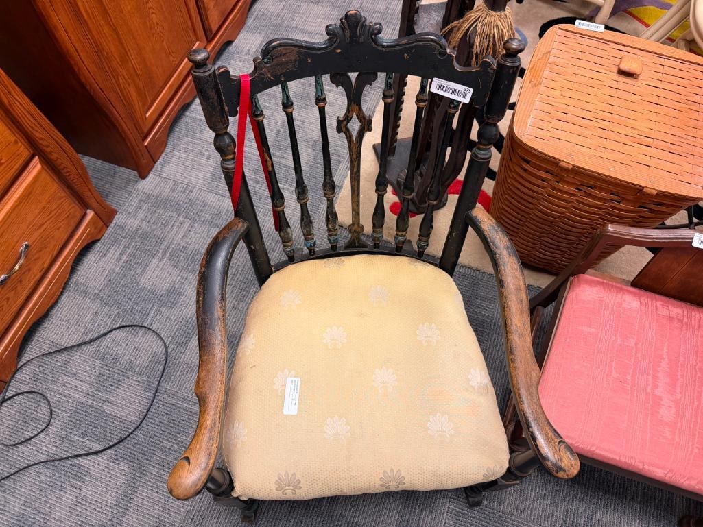 ANTIQUE WOOD ROCKING CHAIR WITH PAINTED BLACK FINISH AND BEIGE SHELL PATTERN UPHOLSTERED SEAT - 4