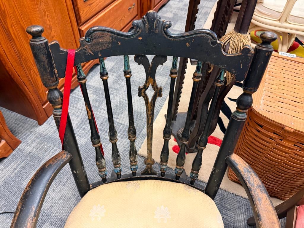 ANTIQUE WOOD ROCKING CHAIR WITH PAINTED BLACK FINISH AND BEIGE SHELL PATTERN UPHOLSTERED SEAT - 5