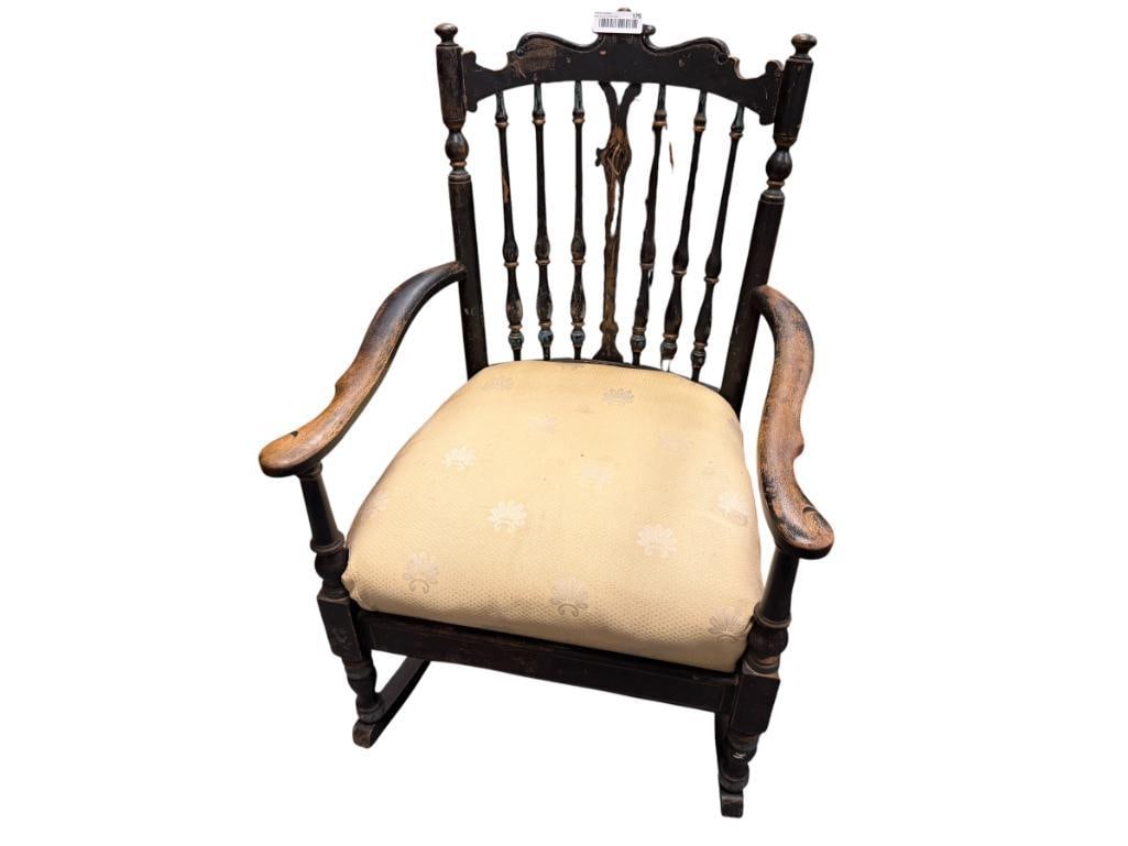 ANTIQUE WOOD ROCKING CHAIR WITH PAINTED BLACK FINISH AND BEIGE SHELL PATTERN UPHOLSTERED SEAT - 6