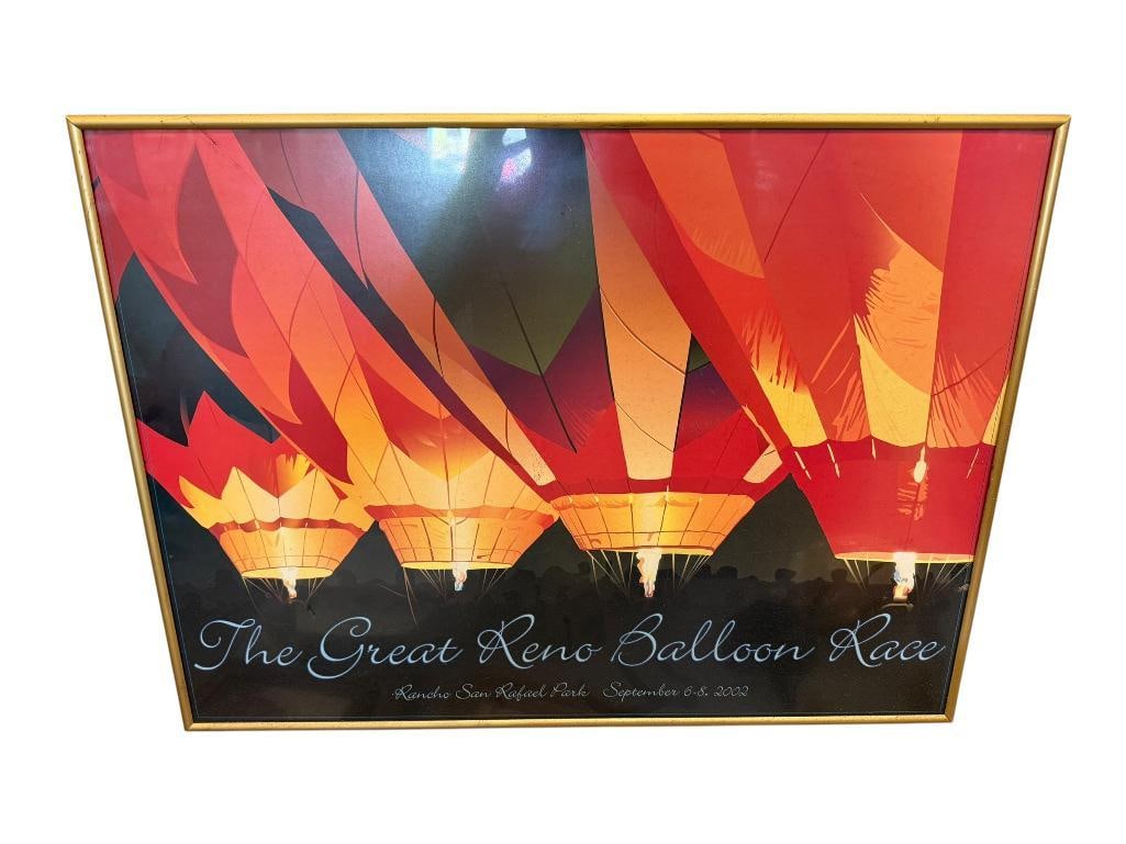 2002 THE GREAT RENO BALLOON RACE POSTER: ART DEPICTS FOUR LINED UP HOT AIR BALLOONS, FRAMED 25 1/2" X 19 1/2" FRAMED