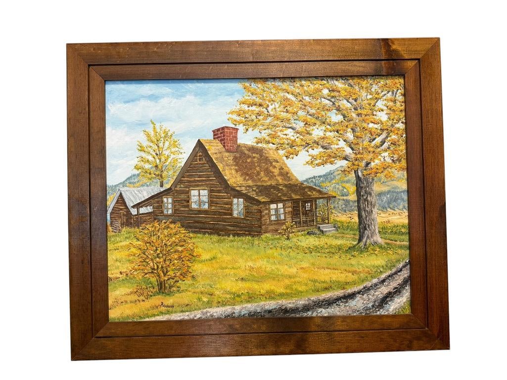 D. WROBLEY ORIGINAL OIL ON MASONITE PAINTING OF A CABIN: ART DEPICTS CABIN ON TOP OF A MOUNTAIN, SIGNED LOWER LEFT, FRAMED 24 1/2" X 20 1/2" FRAME