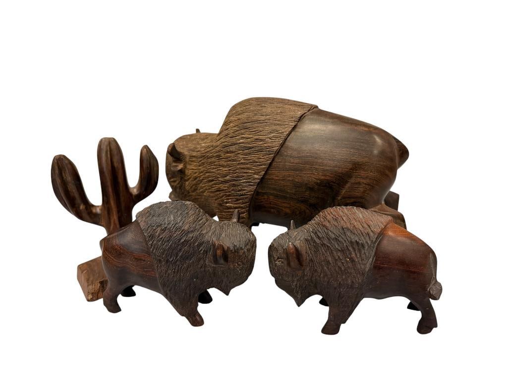CARVED IRON WOOD BUFFALO / BISON AND CACTUS: THREE CARVED IRON WOOD BUFFALOS AND CACTUS 5" UP TO 10 1/2" L 