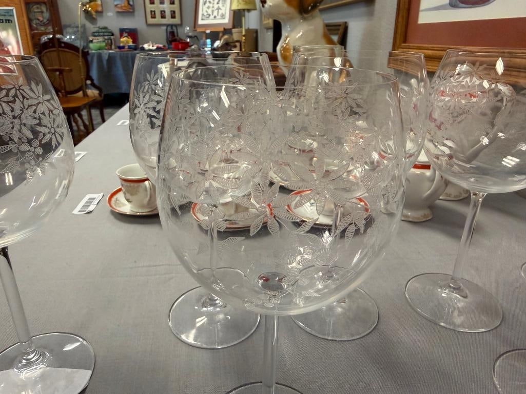 FLORAL ETCHED BALLOON WINE GLASSES SET OF EIGHT - 10