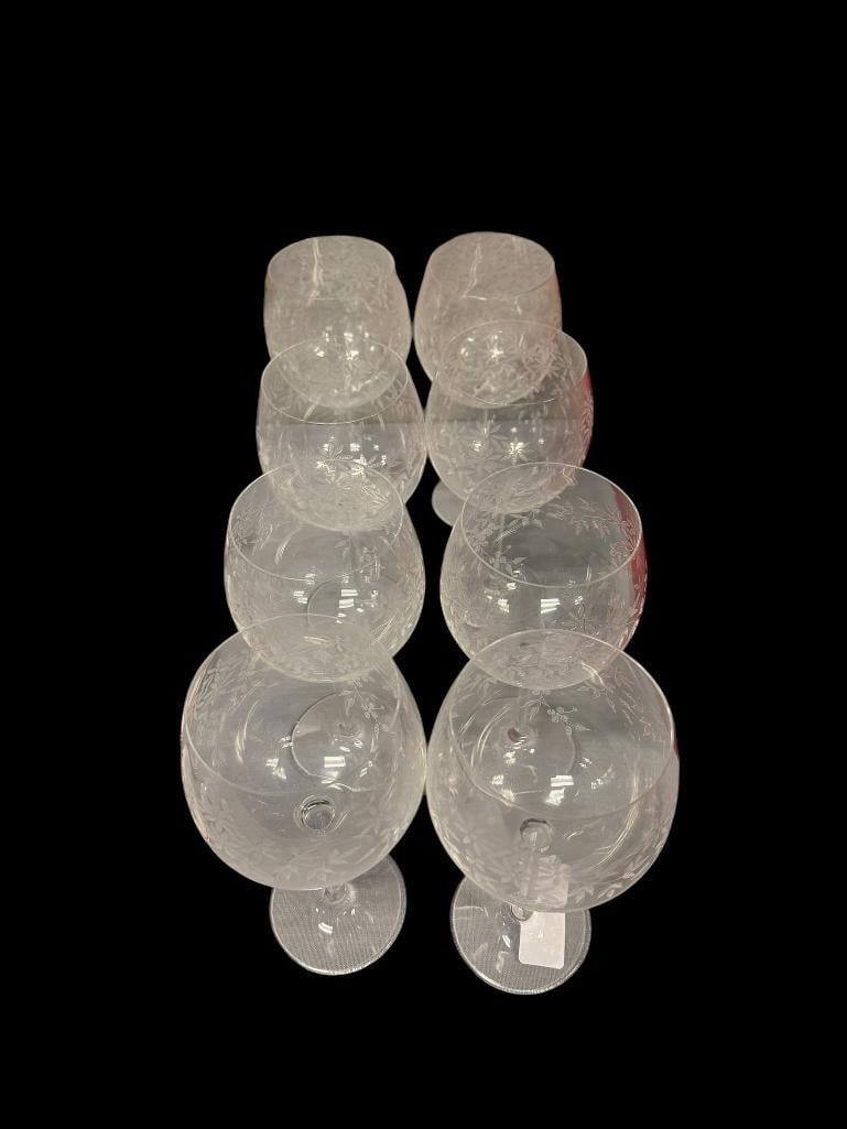 FLORAL ETCHED BALLOON WINE GLASSES SET OF EIGHT: NO CHIPS OR CRACKS 9" H