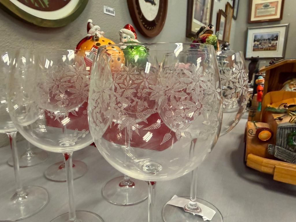 FLORAL ETCHED BALLOON WINE GLASSES SET OF EIGHT - 5