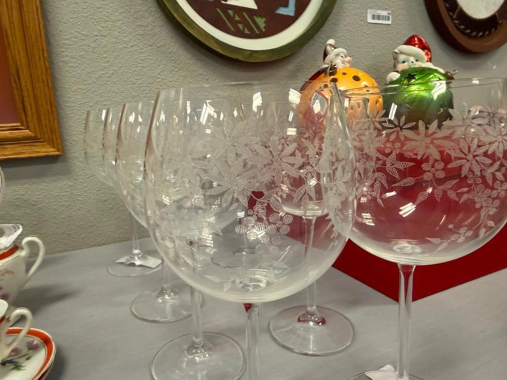 FLORAL ETCHED BALLOON WINE GLASSES SET OF EIGHT - 6