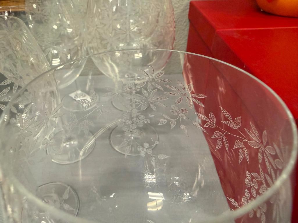 FLORAL ETCHED BALLOON WINE GLASSES SET OF EIGHT - 9