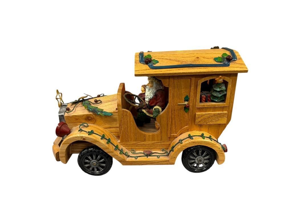 WHIMSICAL WOODEN AUTOMOBILE HOLIDAY DECORATION WITH SANTA CLAUS AND CHILD DRIVING: 13 1/2" L