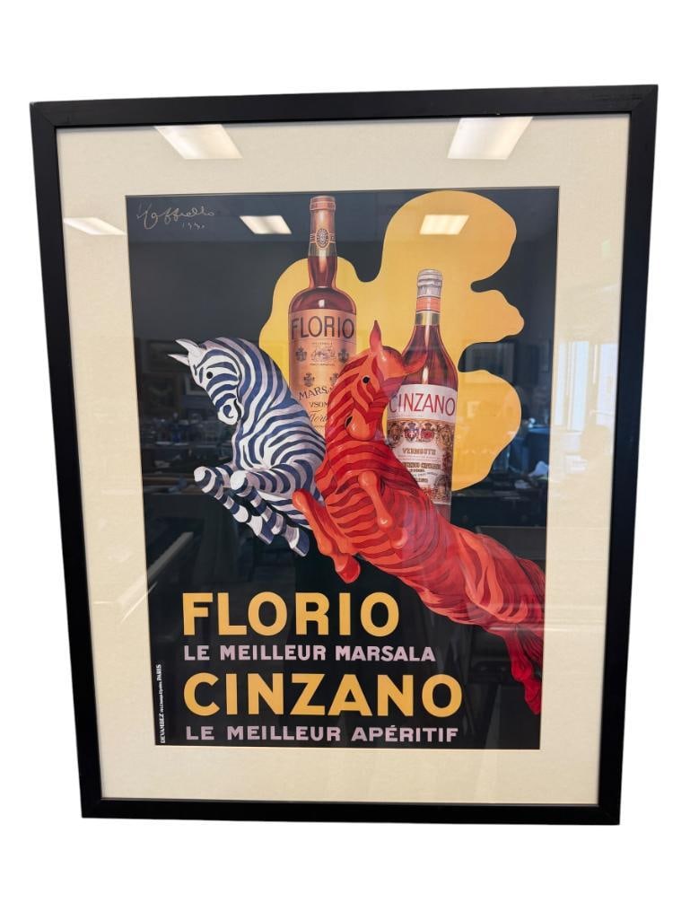 1930 REPRODUCTION ADVERTISING POSTER FLORIO CINZANO DESIGNED BY LEONETTO CAPPIELLO: ART DEPICTS STYLIZED ZEBRAS JUMPING OVER A BOTTLE OF WINE AND APERITIFS, FRAMED 30" X 38" FRAME
