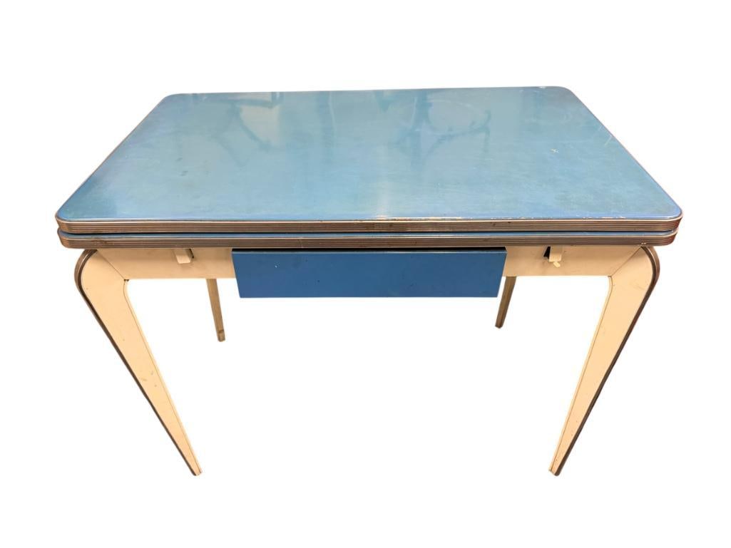 MID-CENTURY NATIONAL MANUFACTURING CORP. RAINBOW DESK: METAL DESK WITH PULLOUT FRONT AND BACK, FEATURES RETRO TAPERED LEGS, ORIGINAL LABEL PRESENT, SHOWS SOME WEAR 40" X 25" X 31"