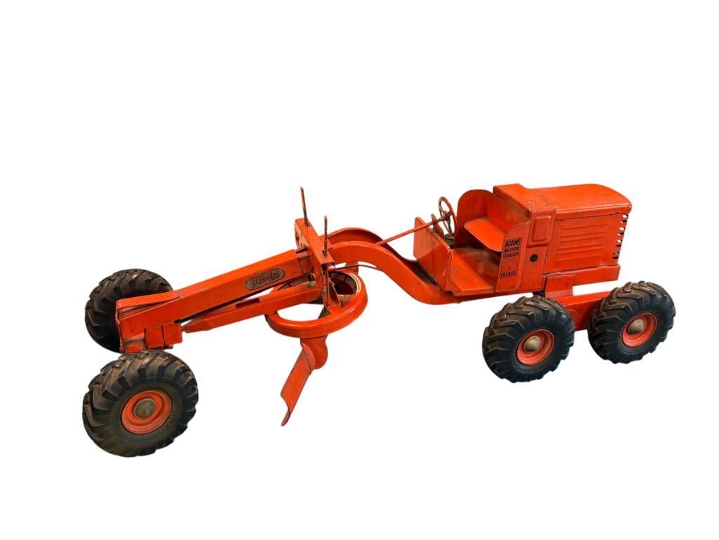 DOEPKE MFG. CO. ADAMS MOTOR GRADER: WITH HARD RUBBER TIRES INTACT, ORIGINAL LABELS PRESENT, OPERABLE, DOES SHOW WEAR PAINT WEAR FROM AGE / WEAR 25 1/2" L