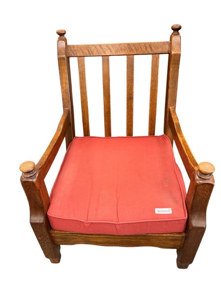 ANTIQUE STYLIZED MISSION OVERSIZE CHAIR WITH SLAT BACK SOLID OAK: FINISH SHOWS LIGHT WEAR 28" X 33" X 38"