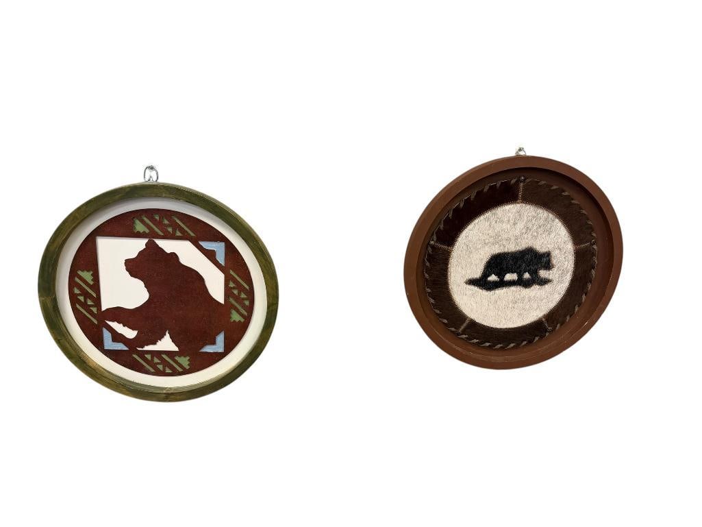 RUSTIC WESTERN DECOR PIERCED METAL AND STEER HIDE BEAR ROUND WALL HANGINGS: 15 1/2" ROUND