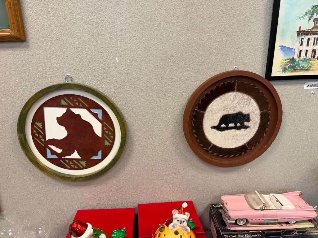 RUSTIC WESTERN DECOR PIERCED METAL AND STEER HIDE BEAR ROUND WALL HANGINGS - 2