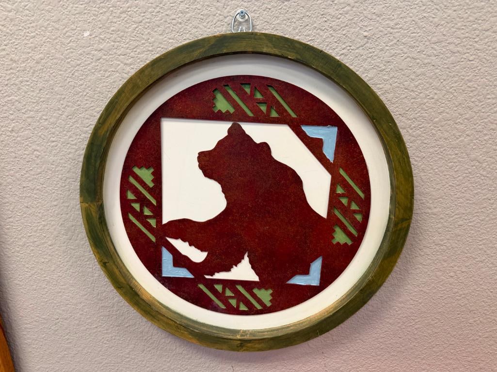 RUSTIC WESTERN DECOR PIERCED METAL AND STEER HIDE BEAR ROUND WALL HANGINGS - 3