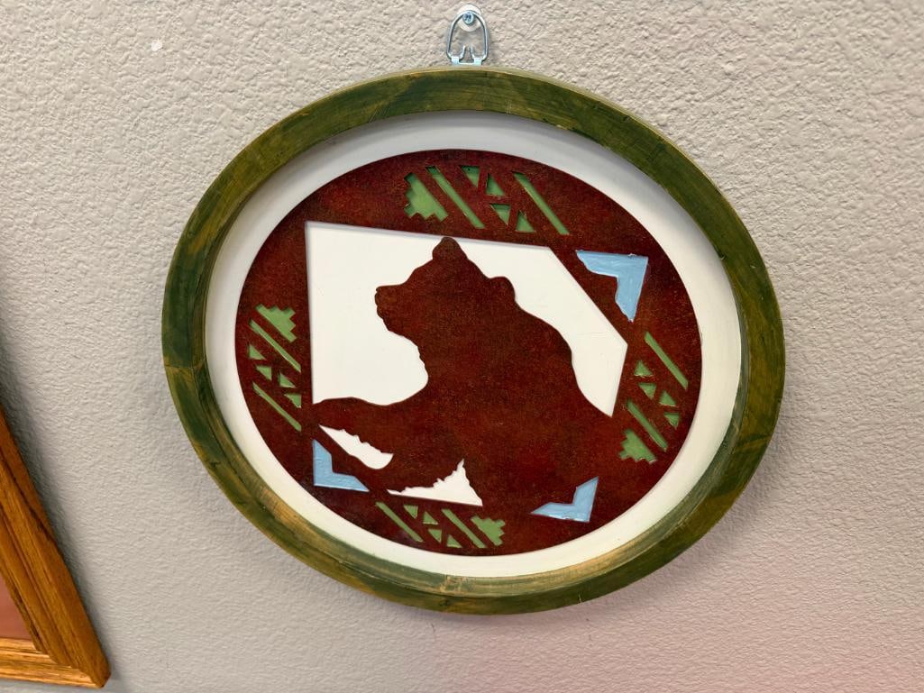 RUSTIC WESTERN DECOR PIERCED METAL AND STEER HIDE BEAR ROUND WALL HANGINGS - 5