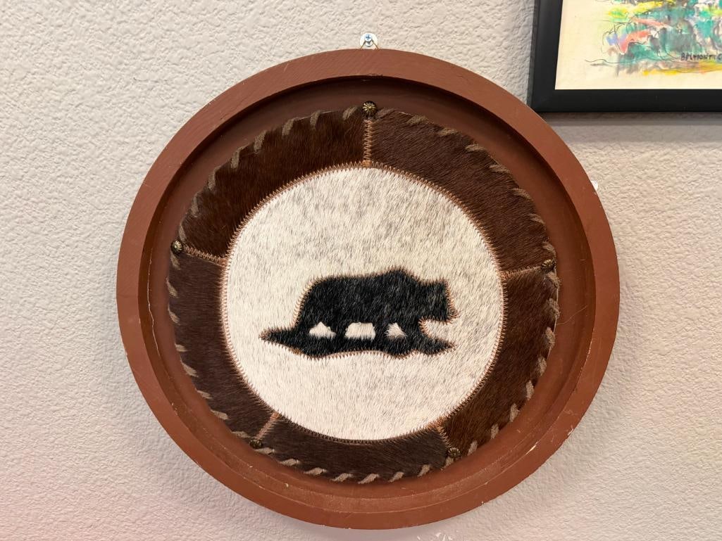 RUSTIC WESTERN DECOR PIERCED METAL AND STEER HIDE BEAR ROUND WALL HANGINGS - 7