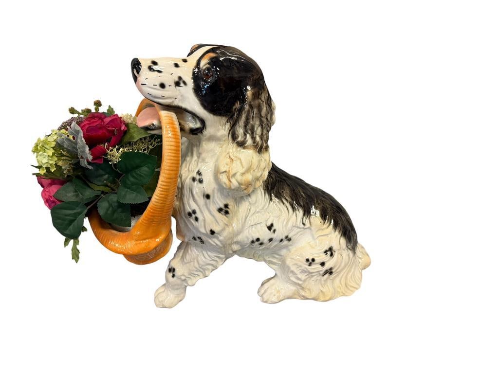 CERAMIC SPRINGER SPANIEL FIGURINE HOLDING BASKET NEAR LIFE-SIZE: NO DAMAGE 18" H