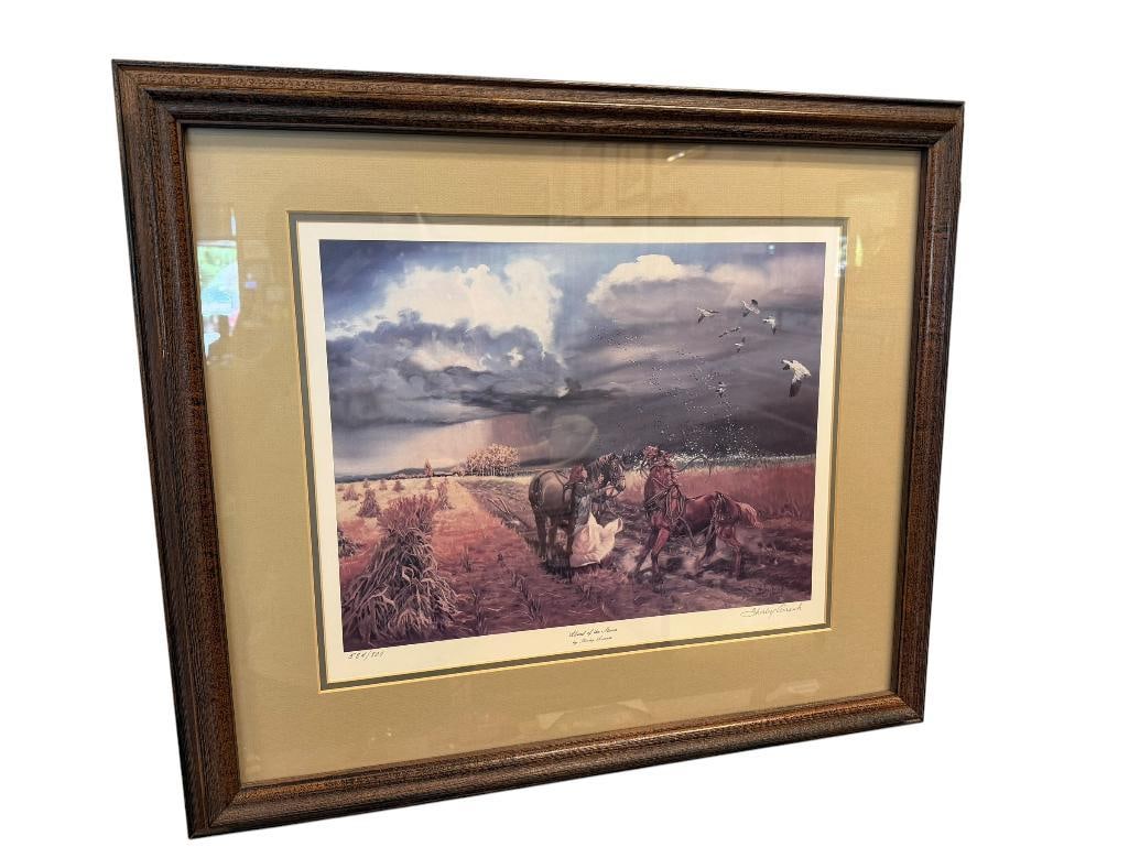 SHIRLEY ARRANTS WILDLIFE ARTIST LIMITED EDITION PRINT AHEAD OF THE STORM NO. 584/800: SIGNED LOWER RIGHT, FRAMED 25 1/2" X 22 1/2" FRAME