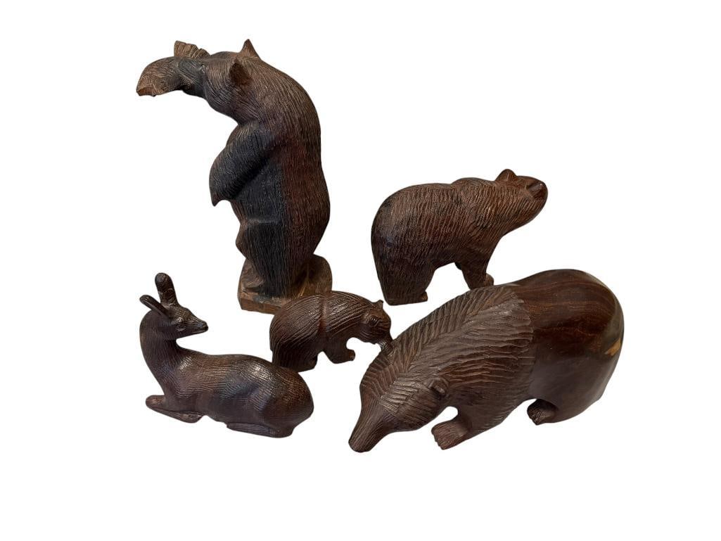 FIVE CARVED IRON WOOD BEARS AND DEER WILDLIFE ANIMAL FIGURES: TOTAL OF SIX CARVINGS, ONE HAS STICKER FROM THE TAHOE TRADING POST, DEER HAS HAD ONE EAR PREVIOUSLY REPAIRED 4 1/2" UP TO 10" H