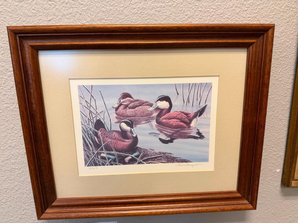 JOE THORNBRUGH WILDLIFE ARTIST RUDDY DUCKS AND SHOTSHELLS PRINT: NO. 3727 SIGNED LOWER RIGHT, FRAMED 16 1/2" X 13 1/2" FRAME