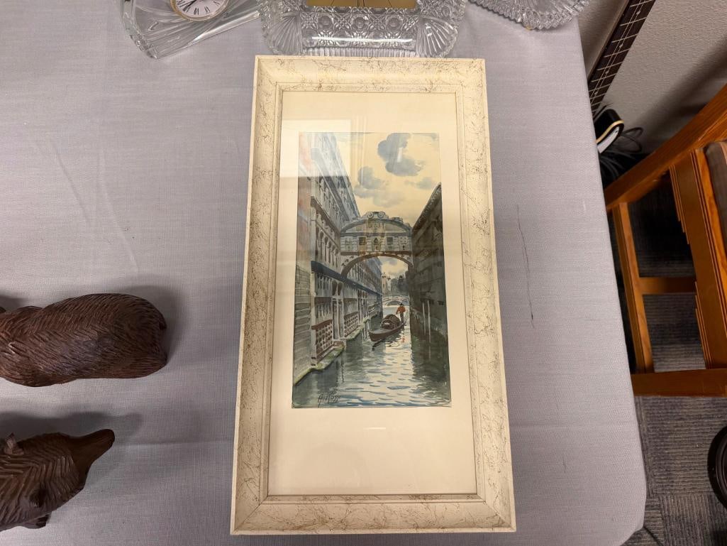 ALBERTO ROSSI ITALIAN ARTIST PRINTS OF BRIDGE OF SIGHS AND BELL TOWER WITH GODOLIER: ALBERTO ROSSI (1858-1936) ACTIVE IN ITALY KNOWN FOR HIS VENETIAN SCENES AND PORTRAITS, BOTH PRINTS ARE PLATE SIGNED, FRAMED 10 1/2" X 20" FRAME