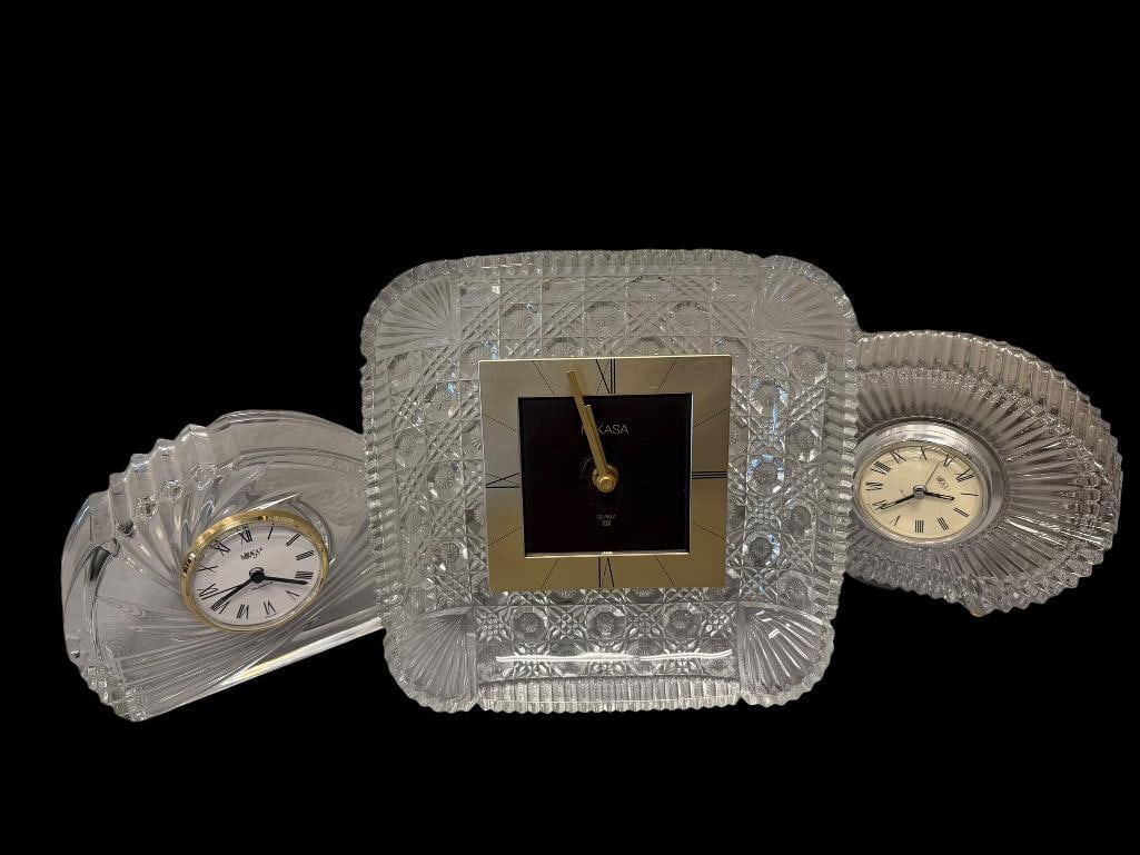 MIKASA CRYSTAL CRESCENT, DIAMOND FIRE AND MIKASA SQUARE QUARTZ CLOCK: 7", 8", AND 9 1/2" 