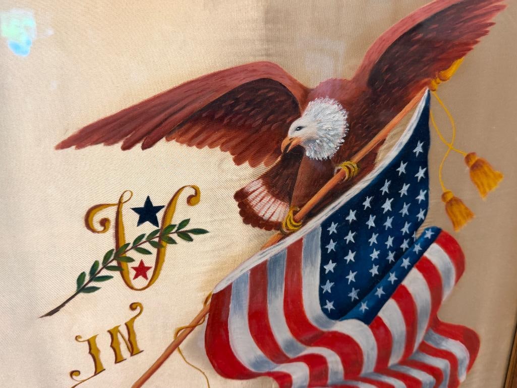EARLY 20TH CENTURY HAND PAINTED PAINTING ON SILK BAL DEAGLE AND AMERICAN FLAG IN GOD WE TRUST - 2