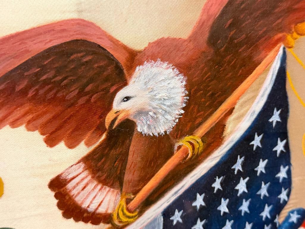 EARLY 20TH CENTURY HAND PAINTED PAINTING ON SILK BAL DEAGLE AND AMERICAN FLAG IN GOD WE TRUST - 3