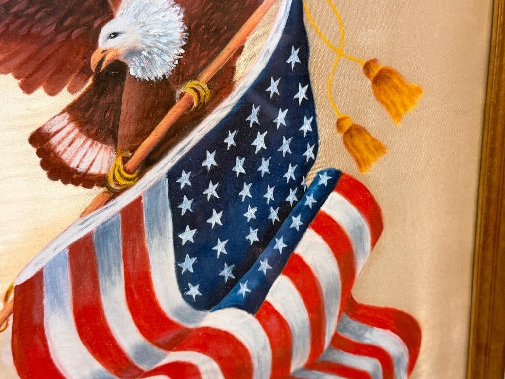 EARLY 20TH CENTURY HAND PAINTED PAINTING ON SILK BAL DEAGLE AND AMERICAN FLAG IN GOD WE TRUST - 4