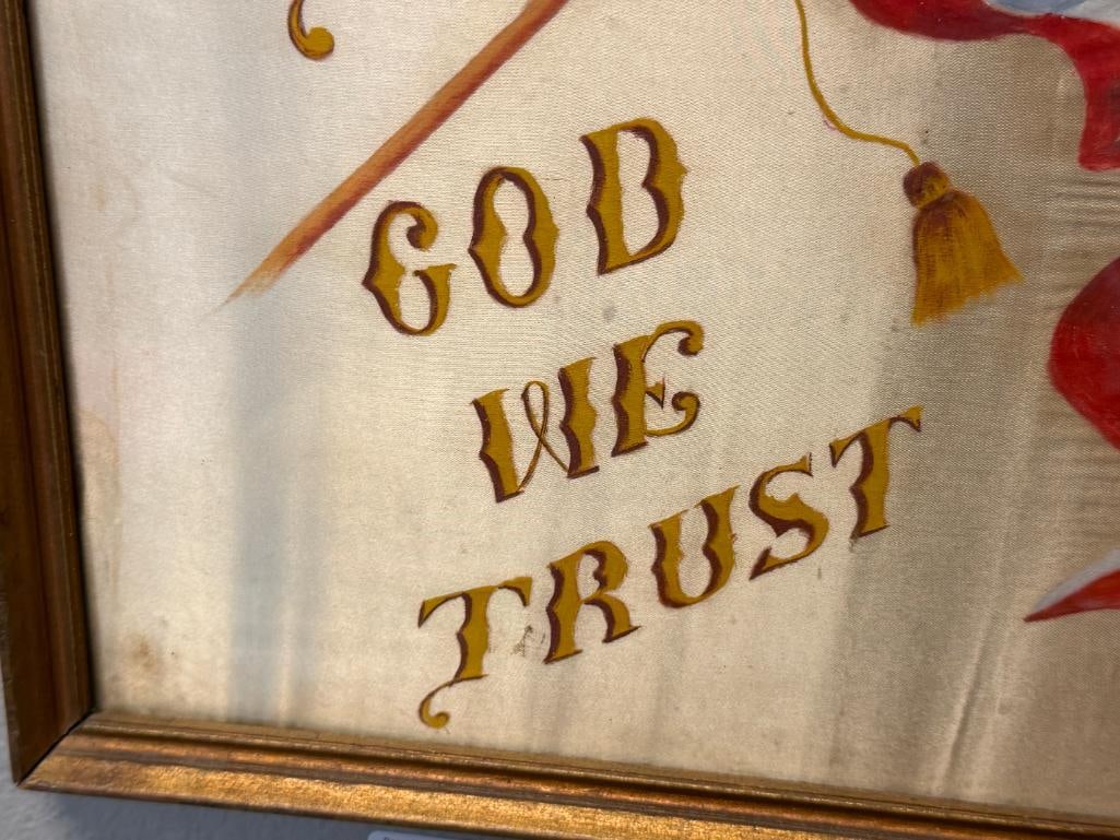EARLY 20TH CENTURY HAND PAINTED PAINTING ON SILK BAL DEAGLE AND AMERICAN FLAG IN GOD WE TRUST - 5