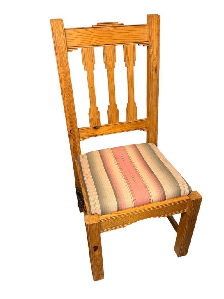RUSTIC SOUTHWESTERN STYLED SIDE CHAIR WITH STRIPED UPHOLSTERY: 20" X 20" X 24" 