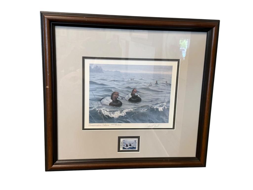 DANIEL SMITH DUCKS UNLIMITED ARTIST CONSERVATION EDITION PRINT NORTH AMERICA CANVASBACK DUCKS: NO. 2293/5500, INCLUDES PRINT LOWER CENTER, SIGNED LOWER RIGHT, FRAMED 18 1/2" X 16 1/2" FRAME