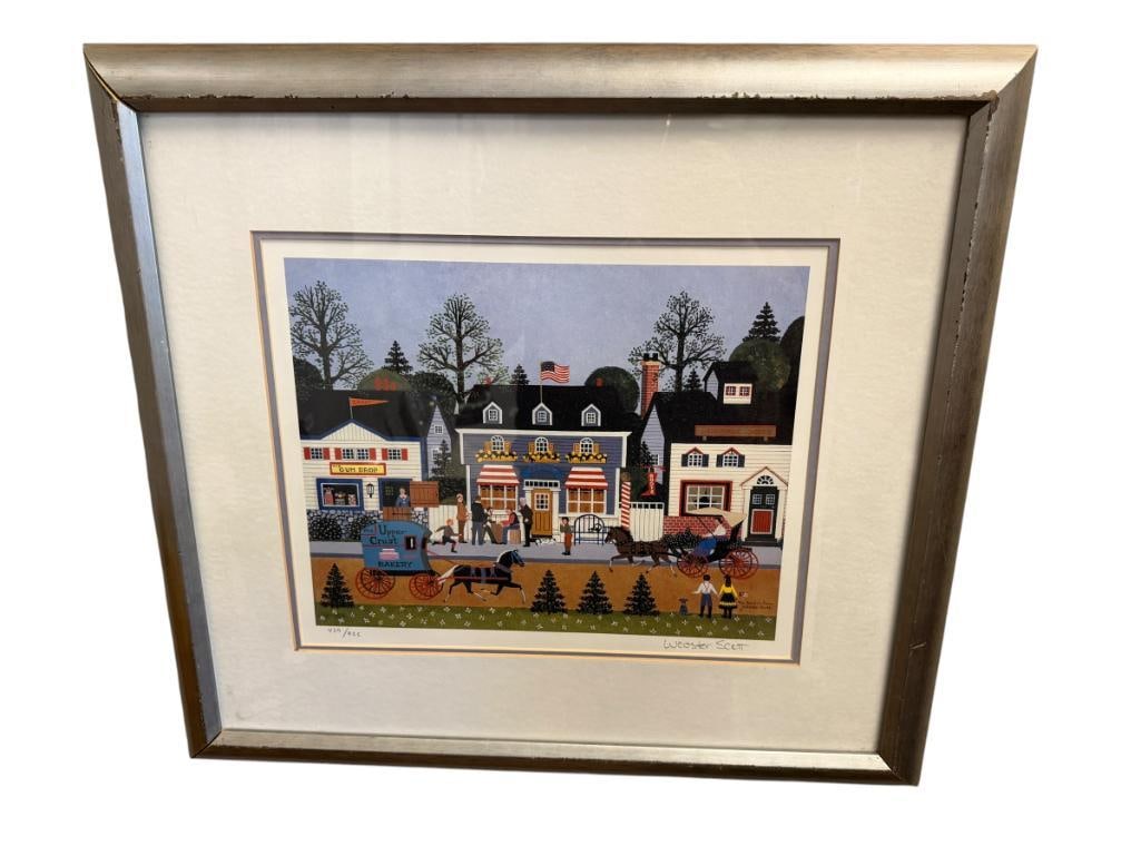 WOOSTER SCOTT AMERICAN FOLK ART ARTIST LIMITED EDITION PRINT TITLED THE DOMINO GAME: ART ILLUSTRATES TOWN MAIN STREET WITH STORE FRONTS, NO. 439/925, FRAME 22 1/2" X 20 1/2" FRAME