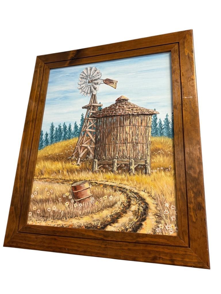 D. WROBLEY ORIGINAL OIL ON MASONITE PAINTING OF A WINDMILL AND WATER TANK: EARLY AMERICAN WATER TANK AND WINDMILL, SIGNED LOWER LEFT, FRAMED 20 1/2" X 24 1/2" FRAME