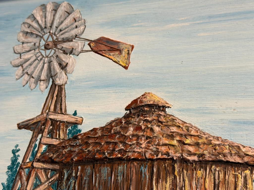 D. WROBLEY ORIGINAL OIL ON MASONITE PAINTING OF A WINDMILL AND WATER TANK - 4