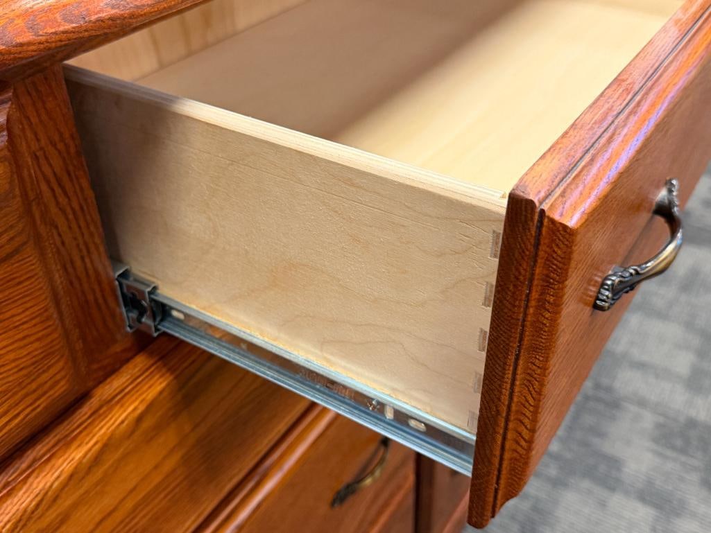 OAK NINE DRAWER DRESSER WITH ATTACHED MIRROR - 9